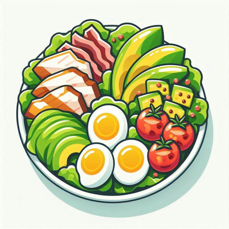 Salad with avocado, ham, eggs and tomato. Vector illustration.のイラスト素材