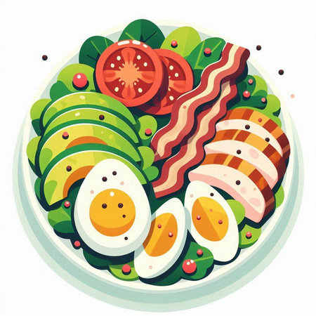 Fried eggs with vegetables and ham on a plate. Vector illustration.のイラスト素材