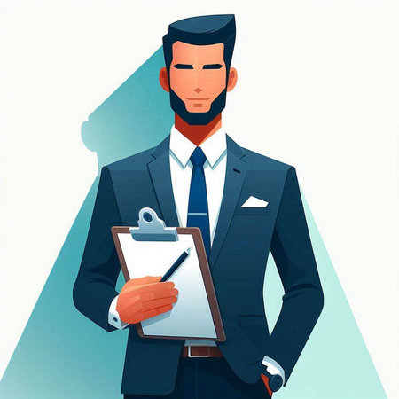 Businessman with clipboard and pen. Vector illustration in cartoon style.のイラスト素材