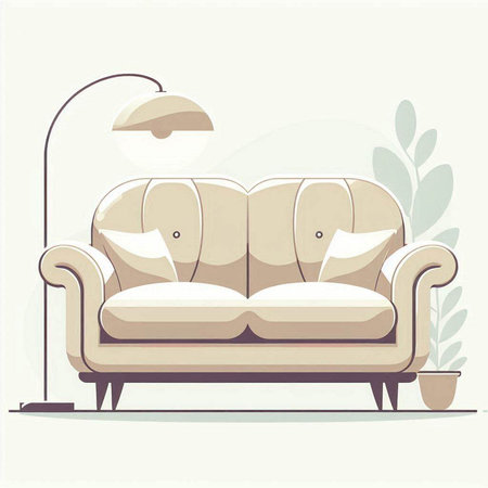 Sofa and lamp on the background of plants. Vector illustrationのイラスト素材