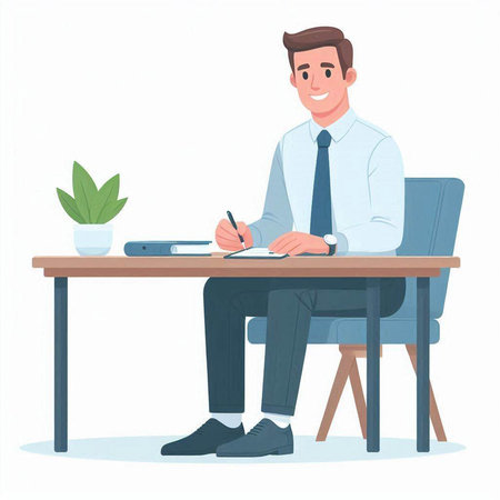 Businessman sitting at office desk and writing in notebook. Vector illustration in cartoon style.のイラスト素材