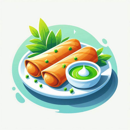 Spring rolls with sauce and green leaves on a plate. Vector illustration.のイラスト素材