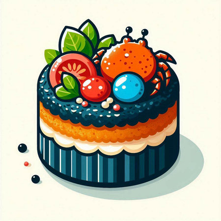 Illustration of a cake with fruits and berries on a white backgroundのイラスト素材