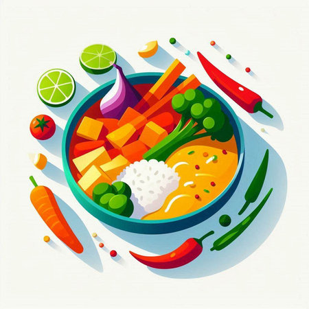 Vector illustration of healthy food in a bowl with vegetables and rice.のイラスト素材
