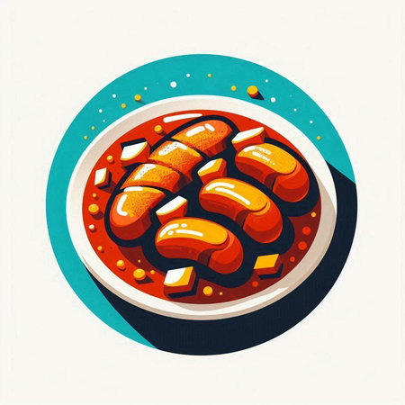 Sausage in tomato sauce. Vector illustration in retro style.のイラスト素材