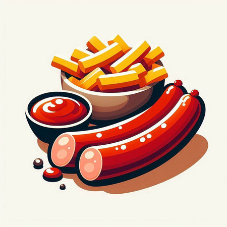 Sausage and French fries with ketchup. Vector illustration.のイラスト素材
