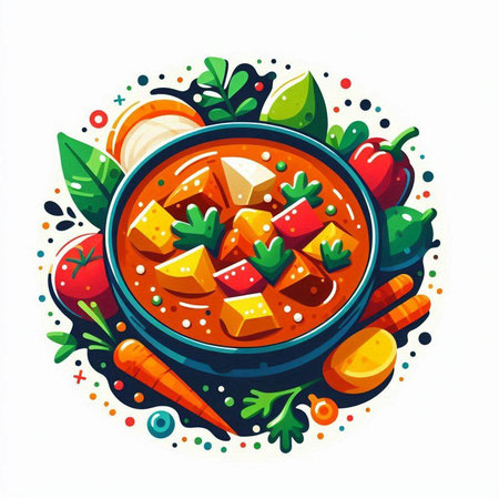 Vector illustration of a bowl of tomato soup with carrots and celeryのイラスト素材