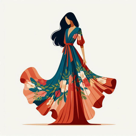 Beautiful woman in a long dress with flowers. Vector illustration.のイラスト素材