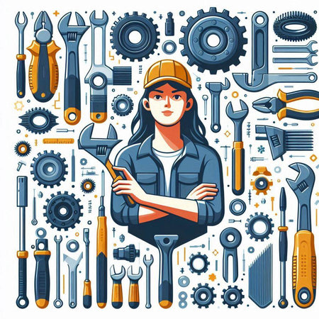 Vector industrial background with woman mechanic and tools. Mechanic woman in helmet and overallsのイラスト素材