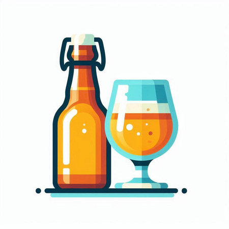 Bottle and glass of beer. Vector illustration in flat style.のイラスト素材