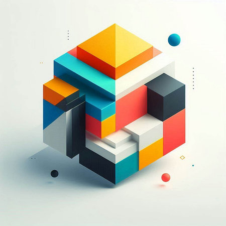 Abstract colorful geometric composition with 3d shapes on white background. Vector illustrationのイラスト素材