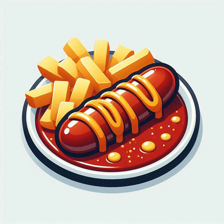 Illustration of a hot dog with french fries on a plate.のイラスト素材