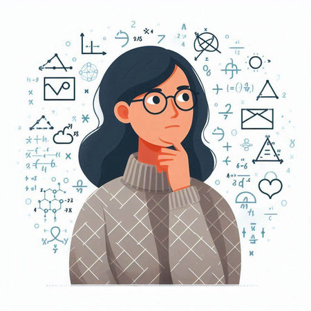 Vector illustration of a young woman in a sweater and glasses. The girl is thinking about something.のイラスト素材