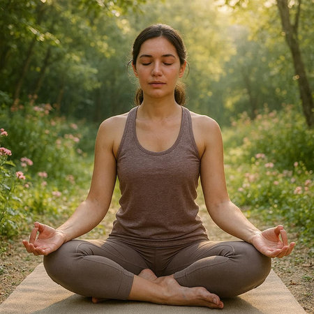 Young woman meditating in lotus position in the park. Yoga concept.の写真素材