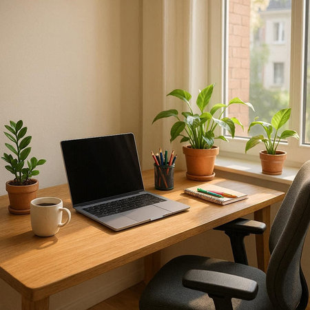 Workplace with laptop, coffee cup and houseplants on the table