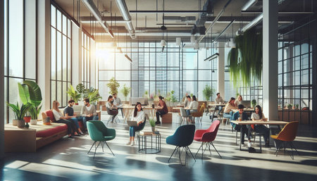 Group of young business people in modern bright office interior. Mixed media