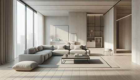 Interior of modern living room with white walls, tiled floor, beige sofa and coffee table. 3d...