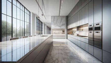 interior of new luxury house, kitchen and dining room. Nobody inside
