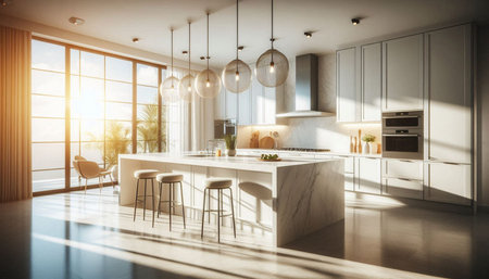 Corner of modern kitchen with white walls, tiled floor, white countertops and bar with stools. 3d...
