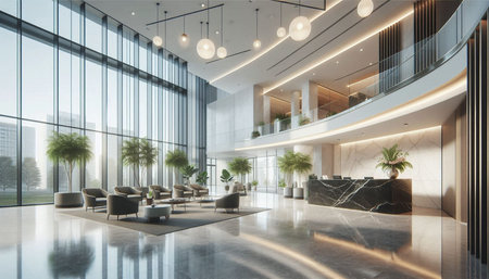 Interior of modern office lobby with glass walls, concrete floor, panoramic windows and rows of...