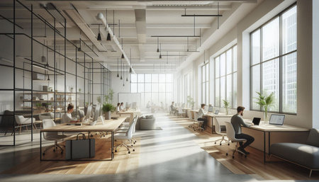Interior of modern coworking office with white walls, wooden floor, rows of computer tables with...