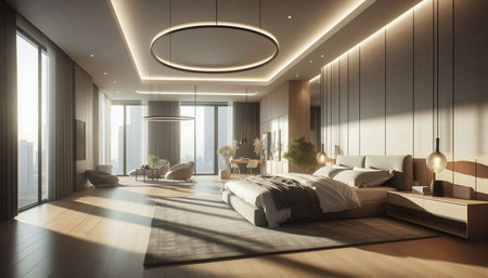 3d rendering luxury bedroom suite in hotel with big window and city view