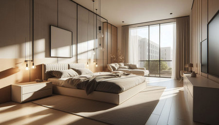 Luxury bedroom interior with beige walls, tiled floor, comfortable master bed with pillows and...