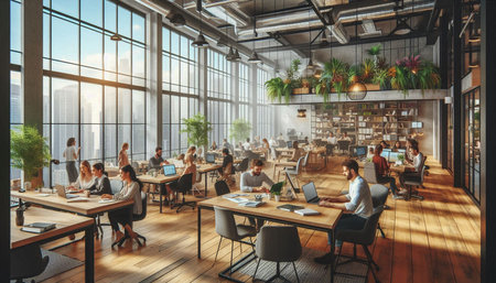 Modern coworking office interior with people working on laptops. 3d rendering