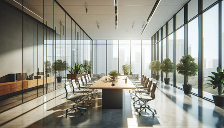 Interior of modern meeting room with panoramic city view. 3D Rendering
