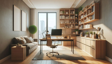 Interior of modern office with brown walls, wooden floor, comfortable brown sofa and bookcase. 3d...
