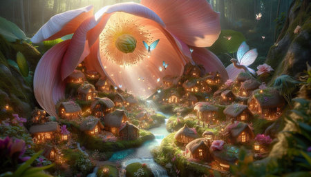 Miniature garden with a lotus flower in the middle of the forest