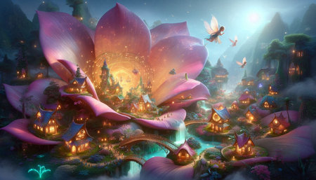 3D illustration of fantasy fantasy landscape with magic temple and magic forest