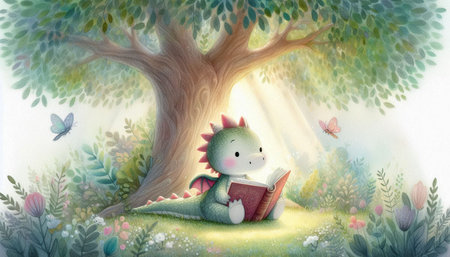 Cute cartoon dragon reading a book under a tree with butterfly.の写真素材