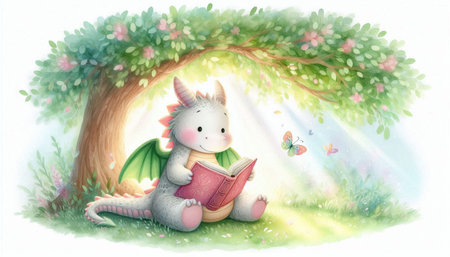 Illustration of a cute cartoon unicorn reading a book under a treeの写真素材
