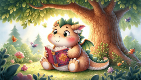 Cute cartoon dragon reading a book in the forest - illustration for childrenの写真素材