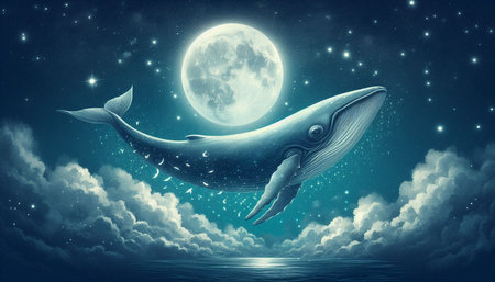 Whale in the night sky with full moon. 3D renderingの写真素材