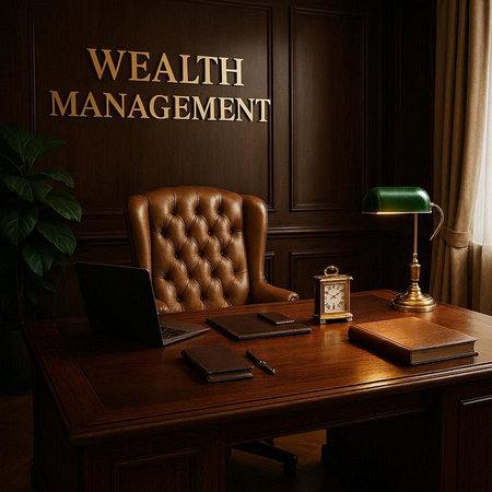 Luxury office interior. Workplace with a laptop, a lamp and a table