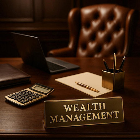 Wealth Management text on golden label on wooden desk with office background