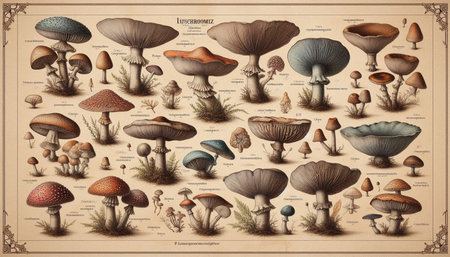 Mushroom collection on old paper background. Vintage vector illustration.