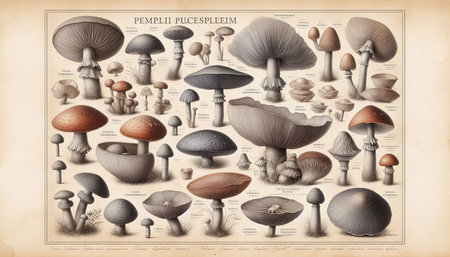 Mushroom collection. Vintage hand drawn illustration. Mushroom background.の写真素材