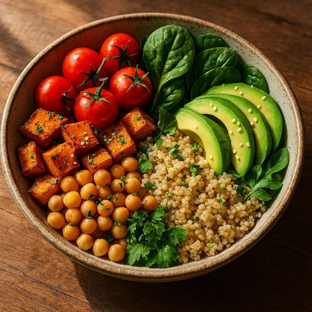 Healthy vegetarian lunch bowl with quinoa, chickpeas, tomatoes, avocado and spinach