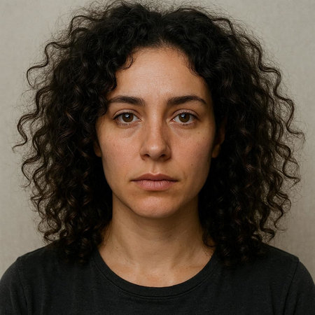 Portrait of a young woman with long curly hair looking at camera