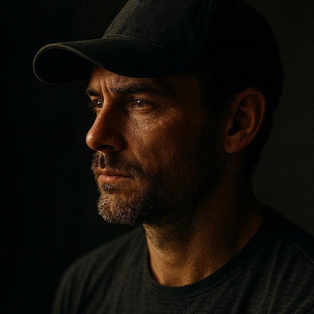 Portrait of a man in a cap on a dark background.
