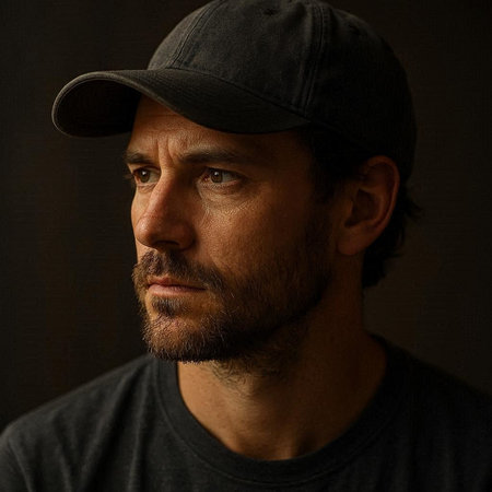 Portrait of a serious man in a baseball cap on a dark background