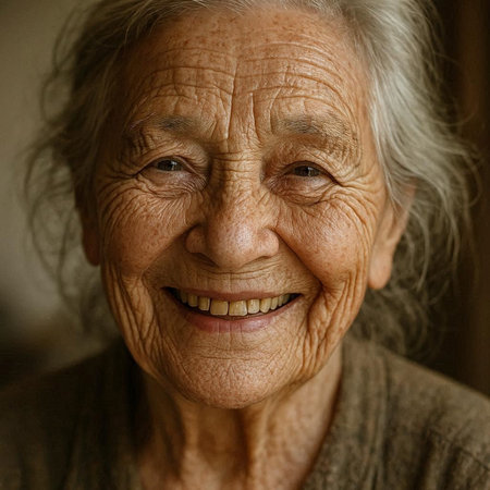 Portrait of an elderly woman smiling at the camera, close-up