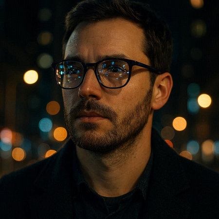 Portrait of a young handsome man with glasses in the city at night