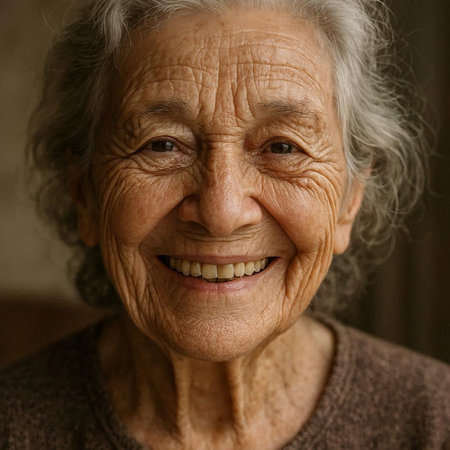 Portrait of an elderly woman smiling at the camera, close-up
