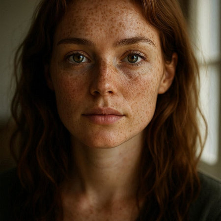 Portrait of a young woman with freckles on her face