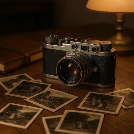 Vintage camera and old photos on a wooden table. Selective focus.
