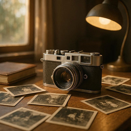 Vintage camera and old photos on a wooden table near the window